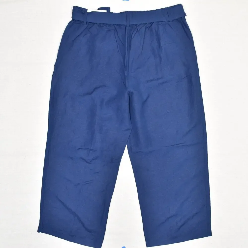 NEW Ann Taylor Women's Straight Pants Crop Belted Linen Blue Size XL High Rise